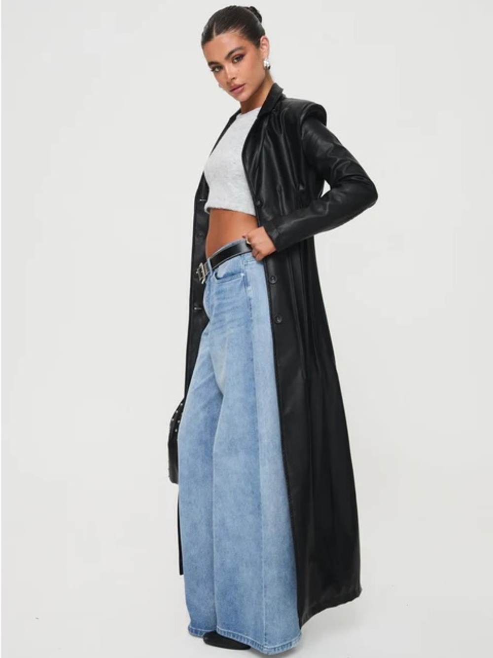 LPrincess Polly • NWOT $119 USD Black Long Faux Leather Trench Coat PTP 21-22